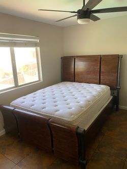 Queen Sized Wood and Metal Sleigh Bed Frame with Mattress