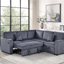 3pcs Sectional Sofa w/pulloutbed, sofa storage, cup holders & USB connection