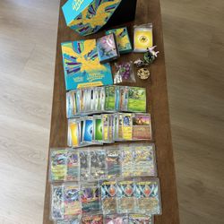 Pokemon Bundle. Penny Sleeves, EX Cards, Playing Cards, Players Guide, Dice, Plastic Coin, Figurines & Box