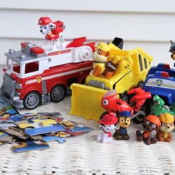 Paw Patrol Figures and Vehicle Set with Puzzle - Firetruck, Digger, Construction, Chase, Marshall, Rubble, Sky, Etc. 