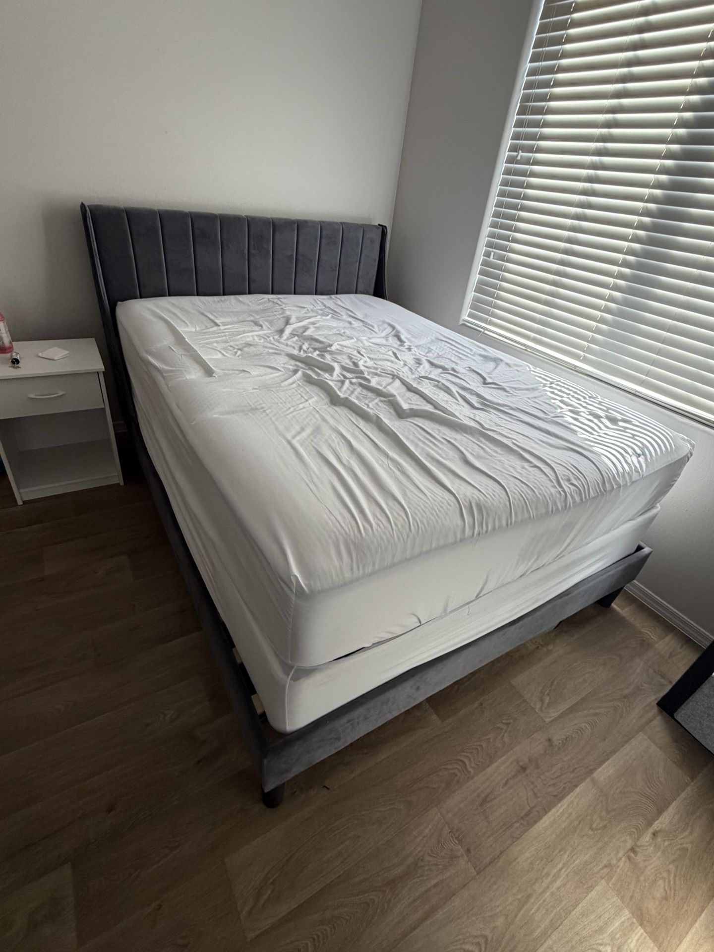 Queen Bed, Velvet Gray Bed Frame, Mattress and Boxspring
