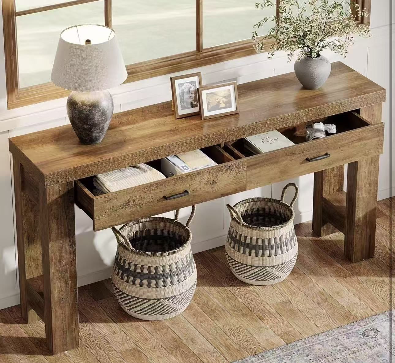 HL0199 63" Console Table with 2 Drawers, Farmhouse Entryway Table with H-Shaped Sturdy Legs for Hallway, Living Room, Brown