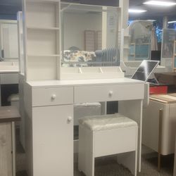 Vanity Desk with Mirror and LED Lights, Makeup Vanity Table with Charging Station, Storage Drawers, Shelves, Adjustable Cabinet & Stool, Perfect for B