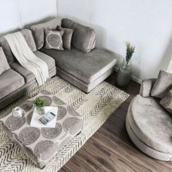 Grey 3-Piece Sectional + Swivel Accent Chair