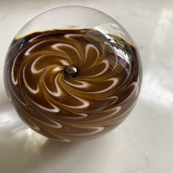Beautiful Artist Signed Solid Paperweight Earthy Brown Tones / White that Swirl and Remind me of Feathers approx 3” Round 