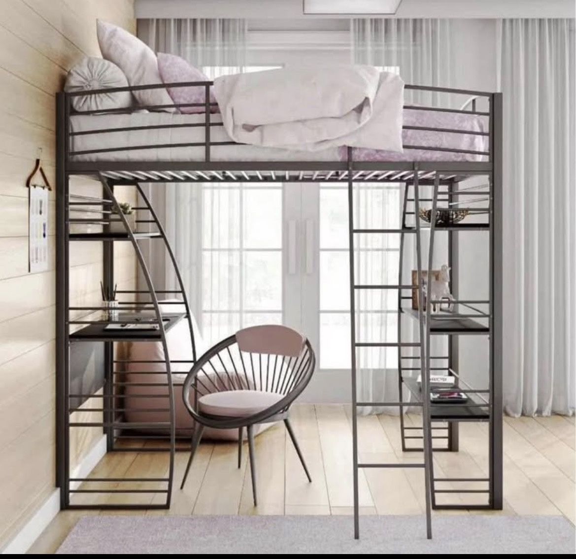 Twin Metal Loft Bed with Integrated Desk and Shelves, Silver