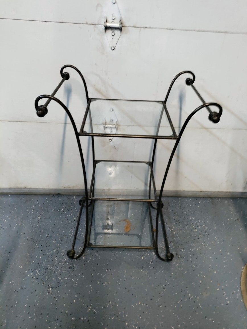 Wrought iron metal and glass shelf plant stand