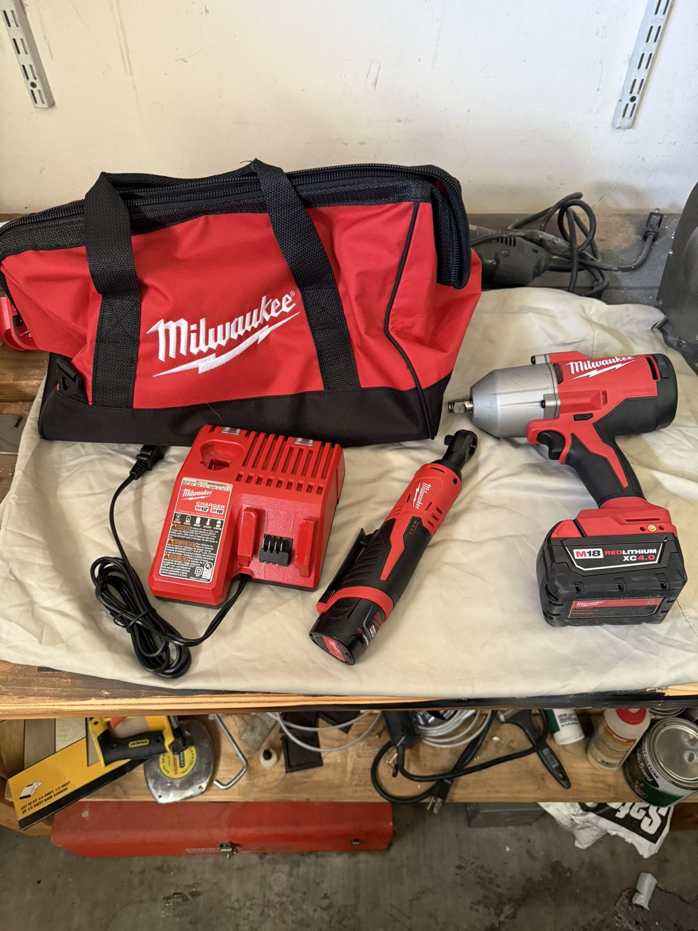 M18 FUEL 18V Cordless Mid Torque 1/2 in. Impact Wrench w/ M12 FUEL 3/8 in. Ratchet & Battery/Charger Combo Kit