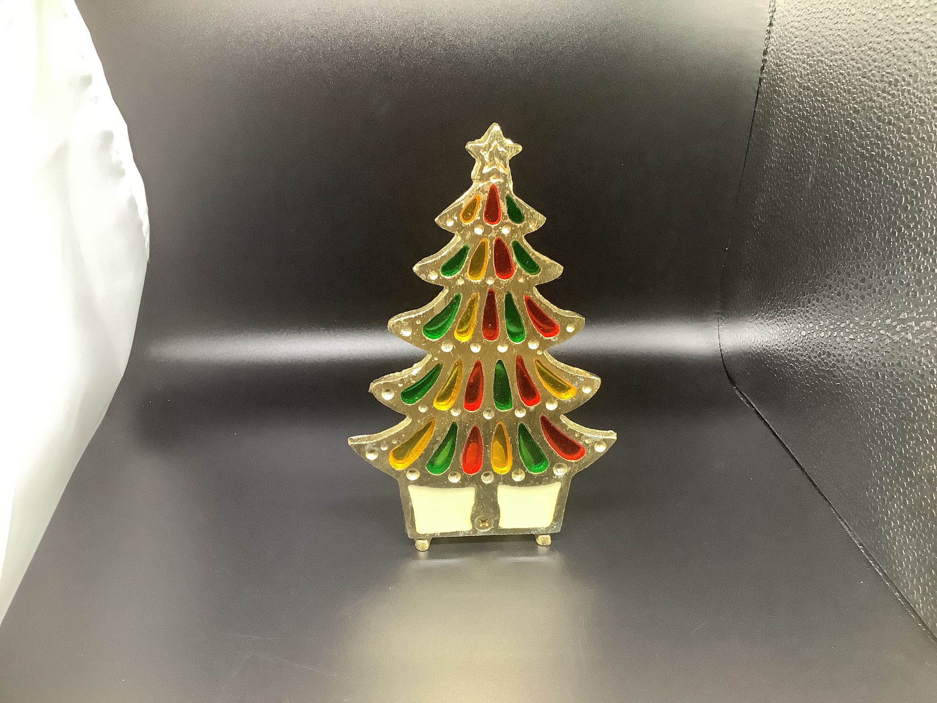 Vintage Tiffany Style Stained Glass Christmas Tree Cast Iron Candle Holder