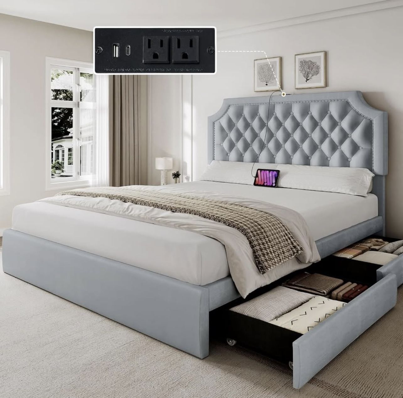 UPHOLSTERED BED FRAME FULL SIZE WITH STORAGE DRAWERS AND CHARGING STATION BRAND NEW IN BOX!!!