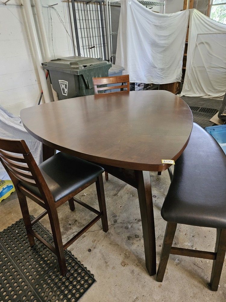 Triangle Counter Height Dining Table, Chairs, Bench