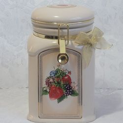 Vintage Knott's Berry Farm Ceramic Canister Cookie Jar Tilted Lid Gold Trim & Latch