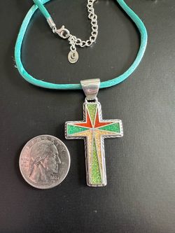 925 Sterling Silver, designer Carolyn Pollack Cross necklace w/ colorful gemstone Chip inlay, large bale , hallmarked