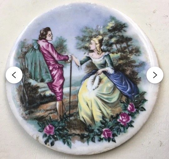 Vintage Porcelain Trinket Box, White Jewelry or Ring Box with Romantic Garden Scene, CollectibleTrinket Box with Rounded Lid, trinket dish