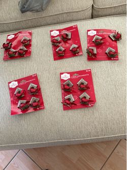 5 PACKAGES OF MINI BIRD HOUSES WITH CARDINAL CHRISTMAS ORNAMENTS
