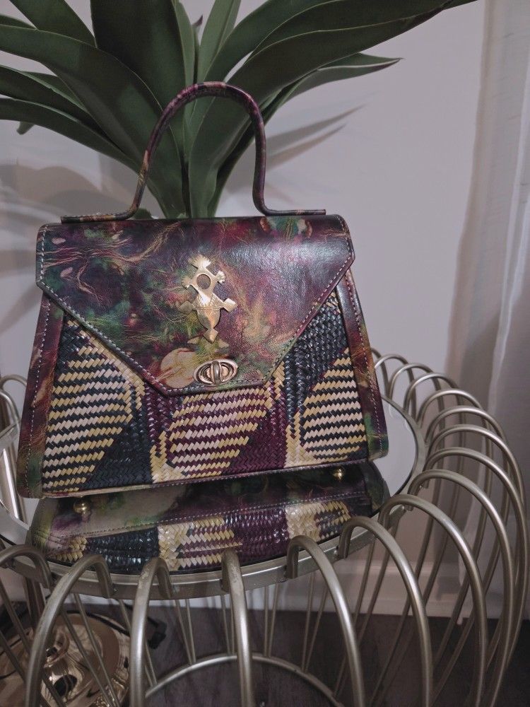 Handmade Genuine Leather African Woven Satchel Handbag, Multicolor Top Handle Purse