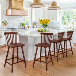 24 in. Brown Wood Counter Stools Bar Stools with Slat Back (Set of 4)