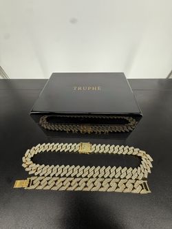 Gold Cuban Link Chain Necklace – 20” Heavy Look | Hand-Set Stones + Bracelet