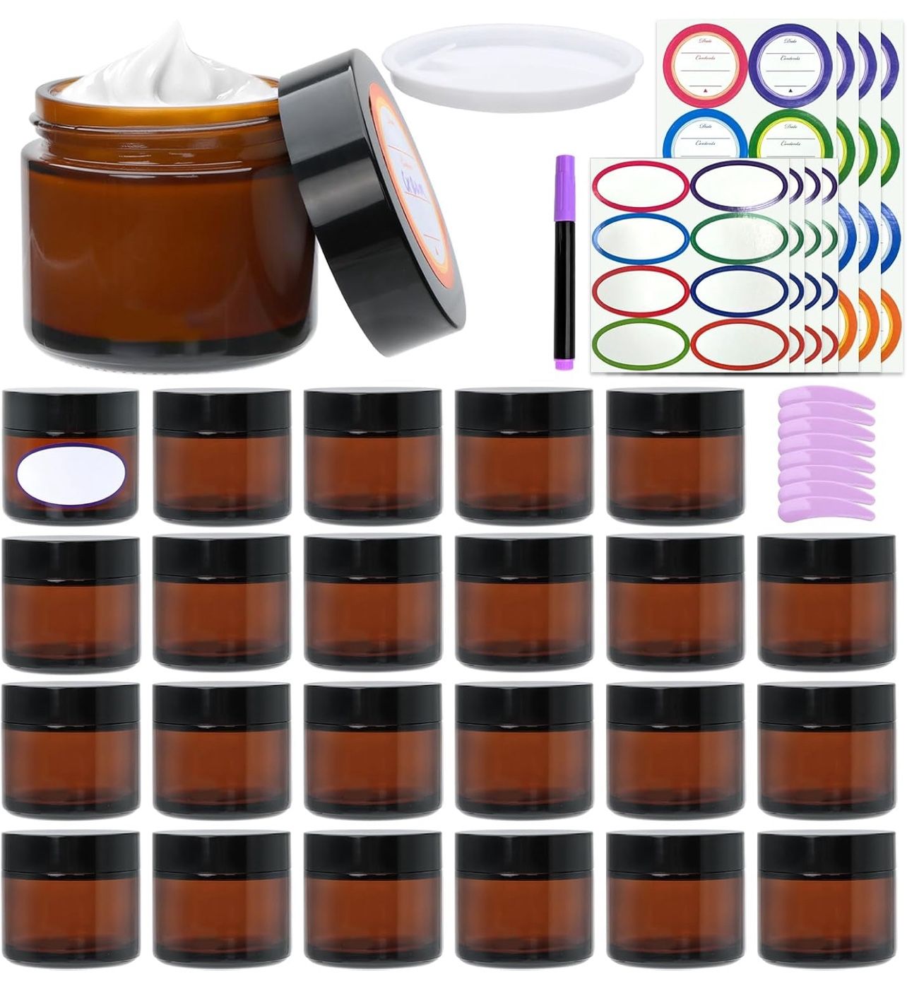 2oz Small Travel Containers with Black Lids,25 Pack Amber Glass Jars with Mini Disposable Spatula for Toiletries，Travel Storage，Makeup Beauty Products