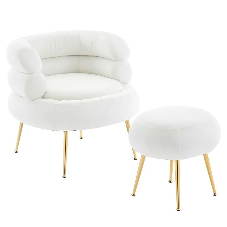 Accent Chair with Round Ottoman, Upholstered Velvet Indoor Armchair with Metal Frame, Single Tufted Leisure Chairs with Footrest Stool for Living Room