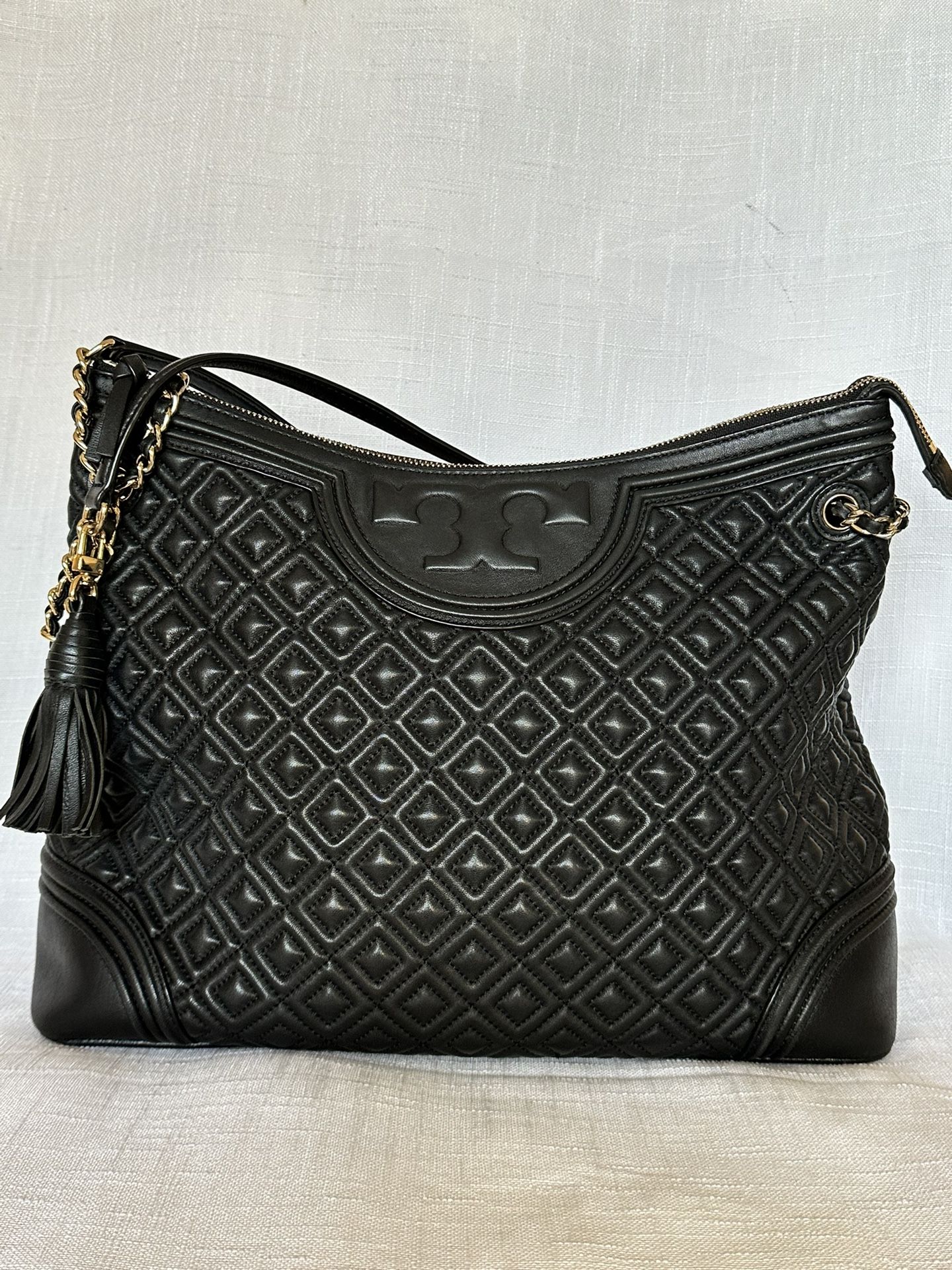 Tory Burch Fleming Quilted Tote Bag Black Leather Shoulder Bag