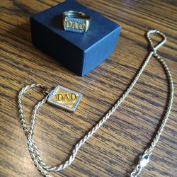Dad Gold Plated Over Silver Men's Ring And Necklace