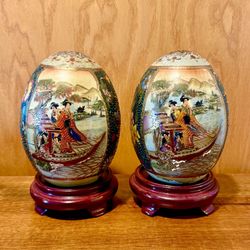 Set 2 Asian Chinese Japanese HandPainted Decorative Porcelain Egg w/Wooden Stand