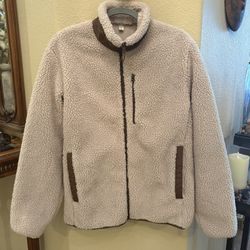 UNIQLO Men Light Beige Sherpa Fleece Brown Trim Zipped Jacket Size Medium