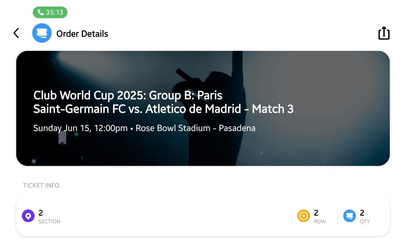 PSG vs Atletico - Soccer Match 3 June 15, 2025 Section 2-L Row 2. Two Tickets. Rose Bowl Pasadena, CA