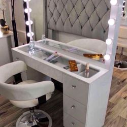 New Glass Top Make Up Vanity Desk With Mirror & Lights 
