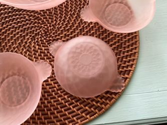Vintage. Pink satin finished frosted glass bowls. Dessert bowl with 6 custard cups