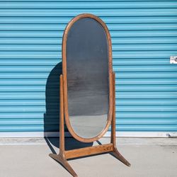Mid Century Oak Cheval Adjustable Floor Mirror, c1970s