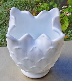 Westmoreland signed scalloped white satin art glass vase 5" H x 4.5" D