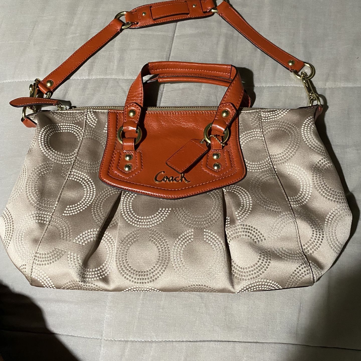 Coach Ashley Dotted Signature Satchel Handbag In Khaki/burnt 