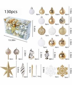 Brand New 130ct Shatterproof Christmas Tree Ornaments Set (Gold & White)