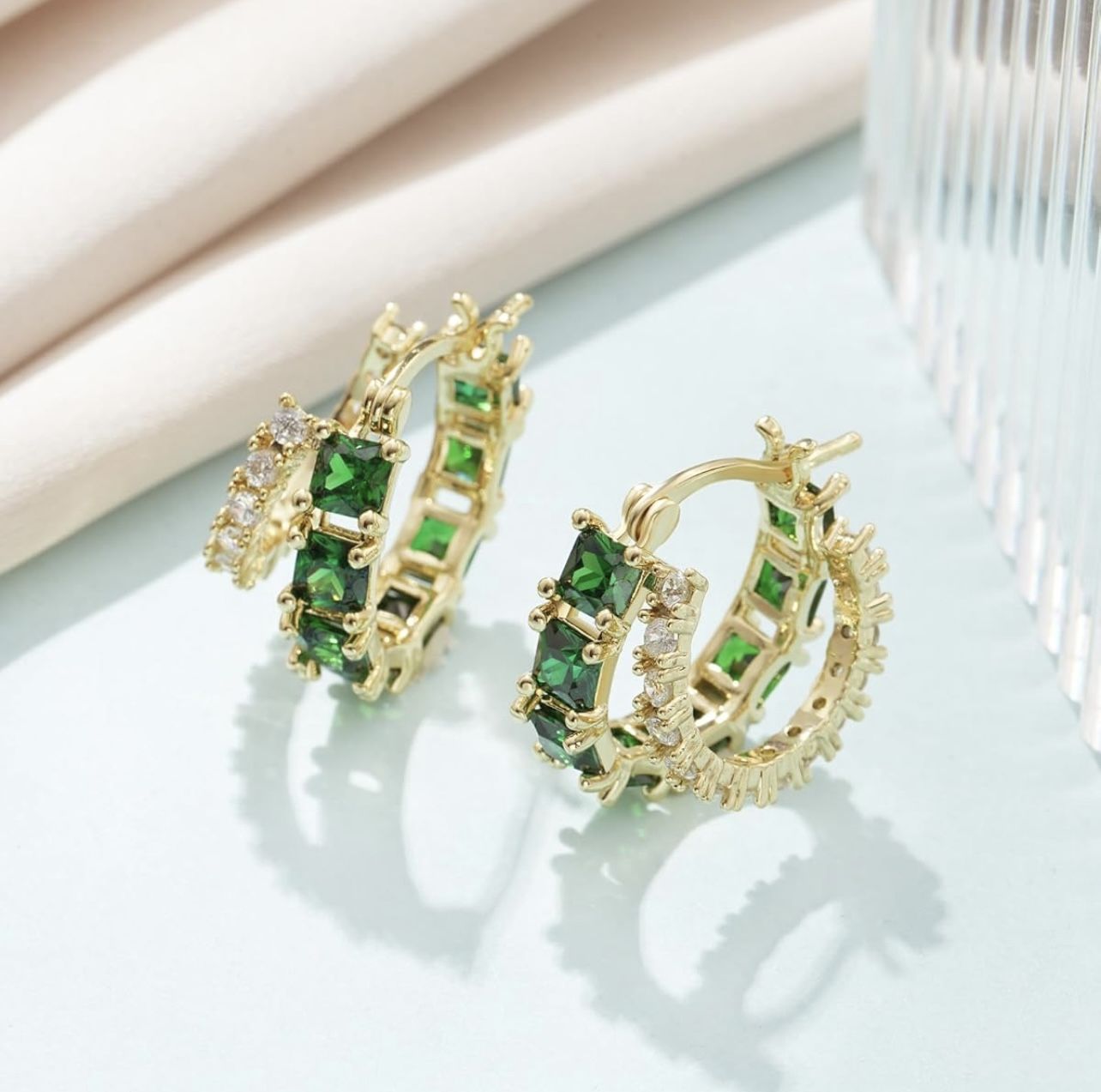 Gold Zircon Double Hoop Earrings for Women, 14K Gold Plated Square Colored Cubic Zirconia Hoops Earrings Jewelry Gifts