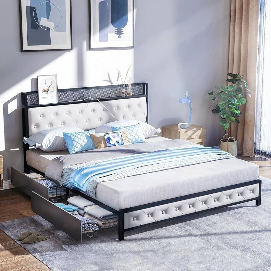 Full Bed Frame with 4 Storage Drawers, Charging Station and LED Lights, Upholstered Headboard with Storage Shelves, Heavy Duty Metal Slats, Noise Free