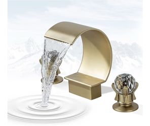 (Brand New in Box) Bathroom Sink Faucet 3 Hole Widespread Waterfall Bathroom Faucets with Crystals Handles Basin Mixer Tap 8-Inch High Arc Vanity Fau