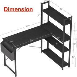 🥨47 Inch Computer Desk with Bookshelf, Corner Desk with Storage, L Shaped Desk, Office Desks, Writing Study Desk for Bedroom, Black
