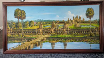 Huge Vintage 1981 Angkor Wat Framed Painting – Signed "H. Seng" (57.5" x 30")