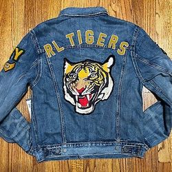 Polo Ralph Lauren Varsity Tigers Football Letterman Patch Denim Jacket Men's Sm