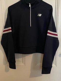 New Balance Women’s Navy Half-Zip Sweater with White & Red Sleeve Stripes