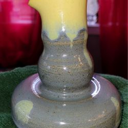 Hand Made Studio Pottery Green And Yellow Vase Signed By Artist