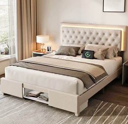 Queen Bed Frame with Headboard and LED Lights, Charging Station, Storage Cabinet Footboard