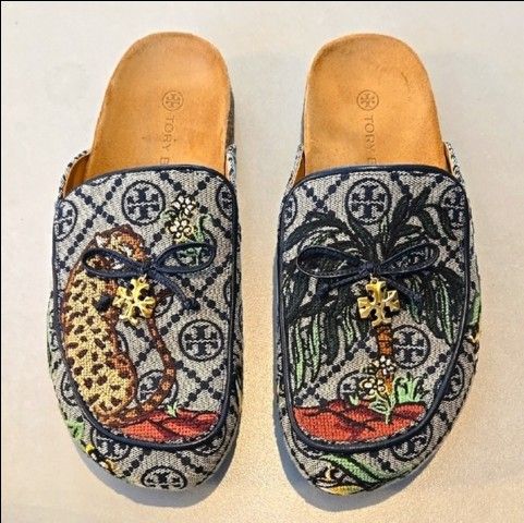 Tory Burch T Monogram Charm Mule In Cheeta Embroidery
