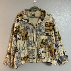 Vintage Silk Zip up gold blue Bomber Jacket Animal Print Dogs Cat oversized L XL