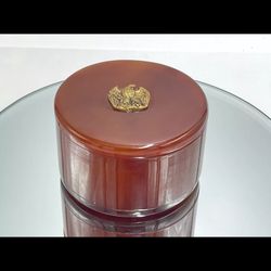 RARE Fancy Vintage Heavy Bakelite Round Trinket Jewelry Box W/ Gold Eagle On Lid