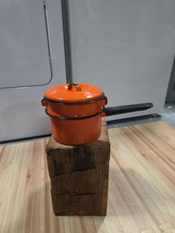 Orange Enamel Double Boiler Saucepan with Lid