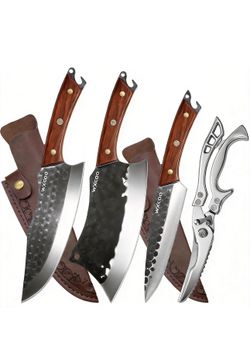 Brand New 4-Piece Hand-Forged Butcher Knife Set with Kitchen Shears