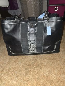 Coach Hampton Black Leather Signature Canvas Buckle Snap Satchel